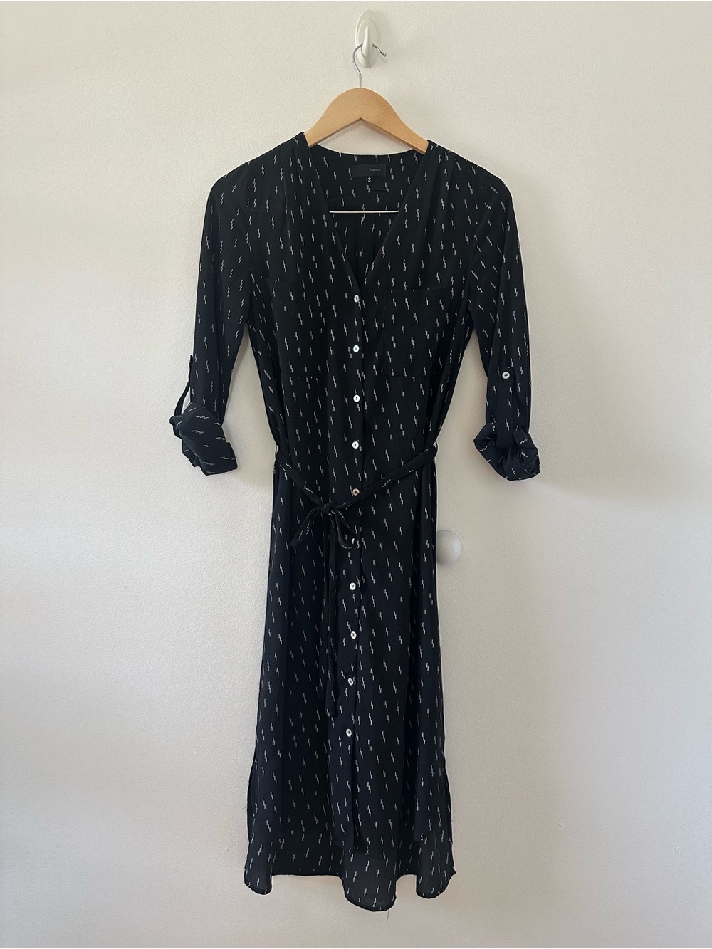 Black Button-Front Midi Shirt Dress with Tie Waist